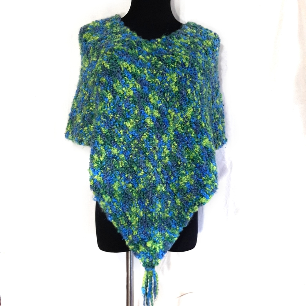 Chic Crochet Bouclé Lime, Green and Blue TonesWomen's Poncho